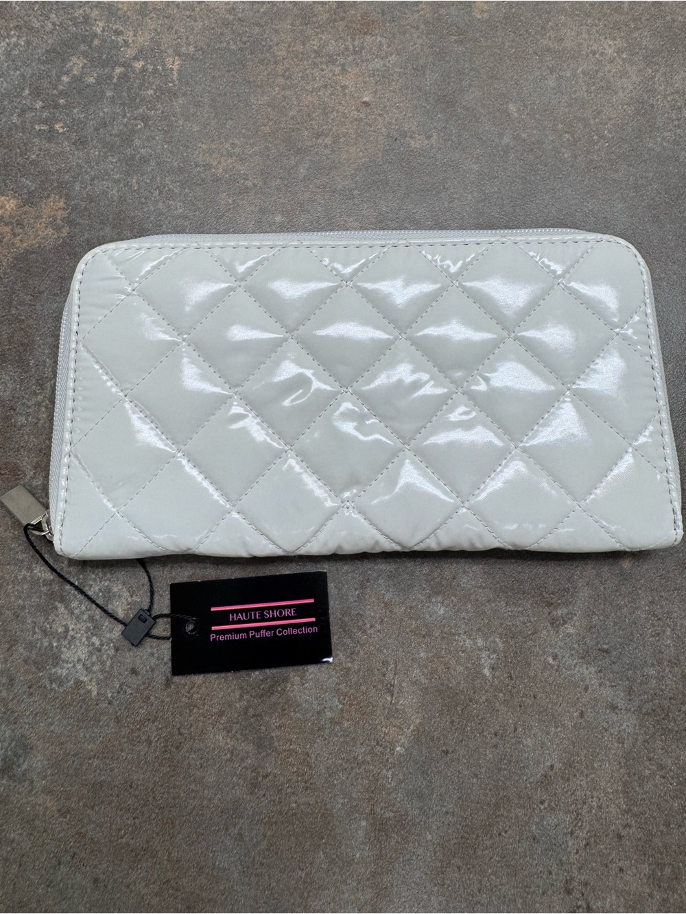 HAUTE SHORE Glossy Quilted Puffer Zip Wallet in White